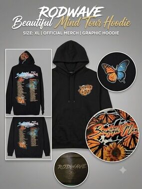 Rod Wave Beautiful Mind Tour Hoodie Black Size XL Concert Merch-2022-Preloved